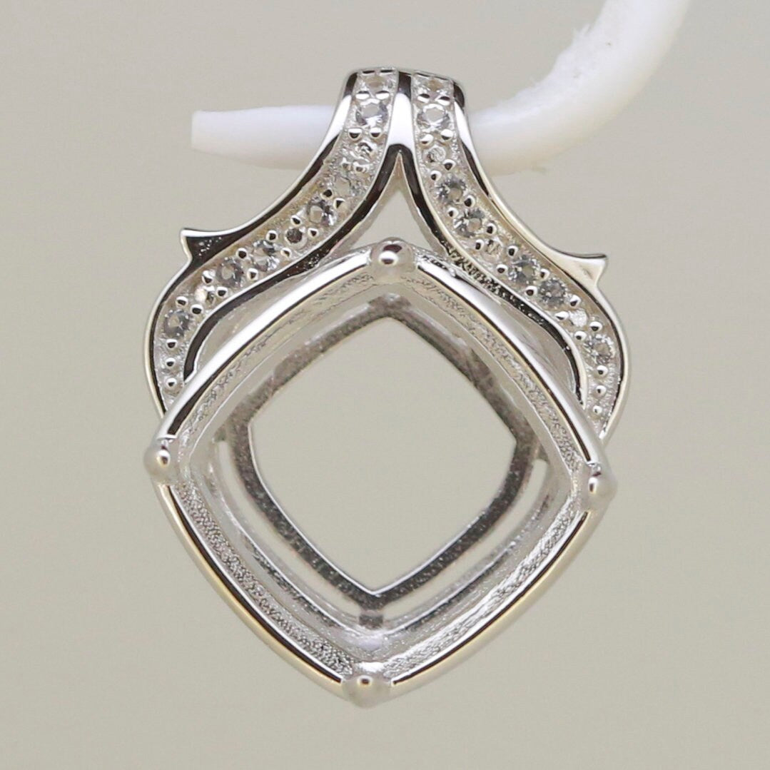 Sterling Silver Semi Mount Pendant Setting with Cushion Cut for White Topaz, custom made for various gemstone sizes.