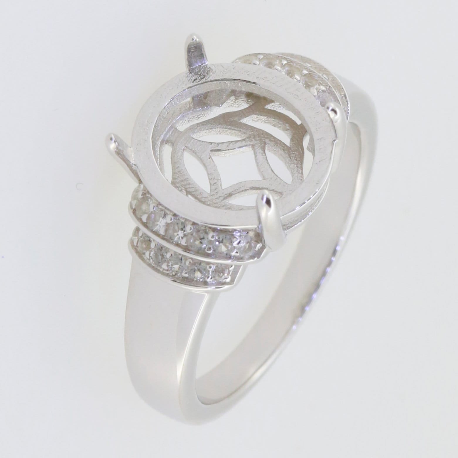Sterling silver semi mount ring setting for oval stone with white topaz accents, customizable sizes available.