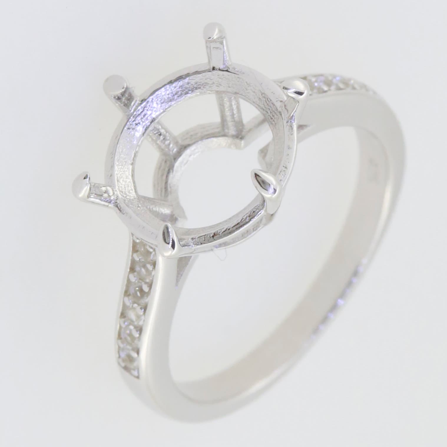 Sterling Silver Semi Mount Ring Setting with White Topaz Accent, Round RD 11x11mm, made to order design.