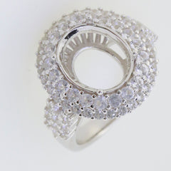 Sterling silver semi-mount ring setting with double halo of white topaz stones, designed for oval gem 12x10mm.