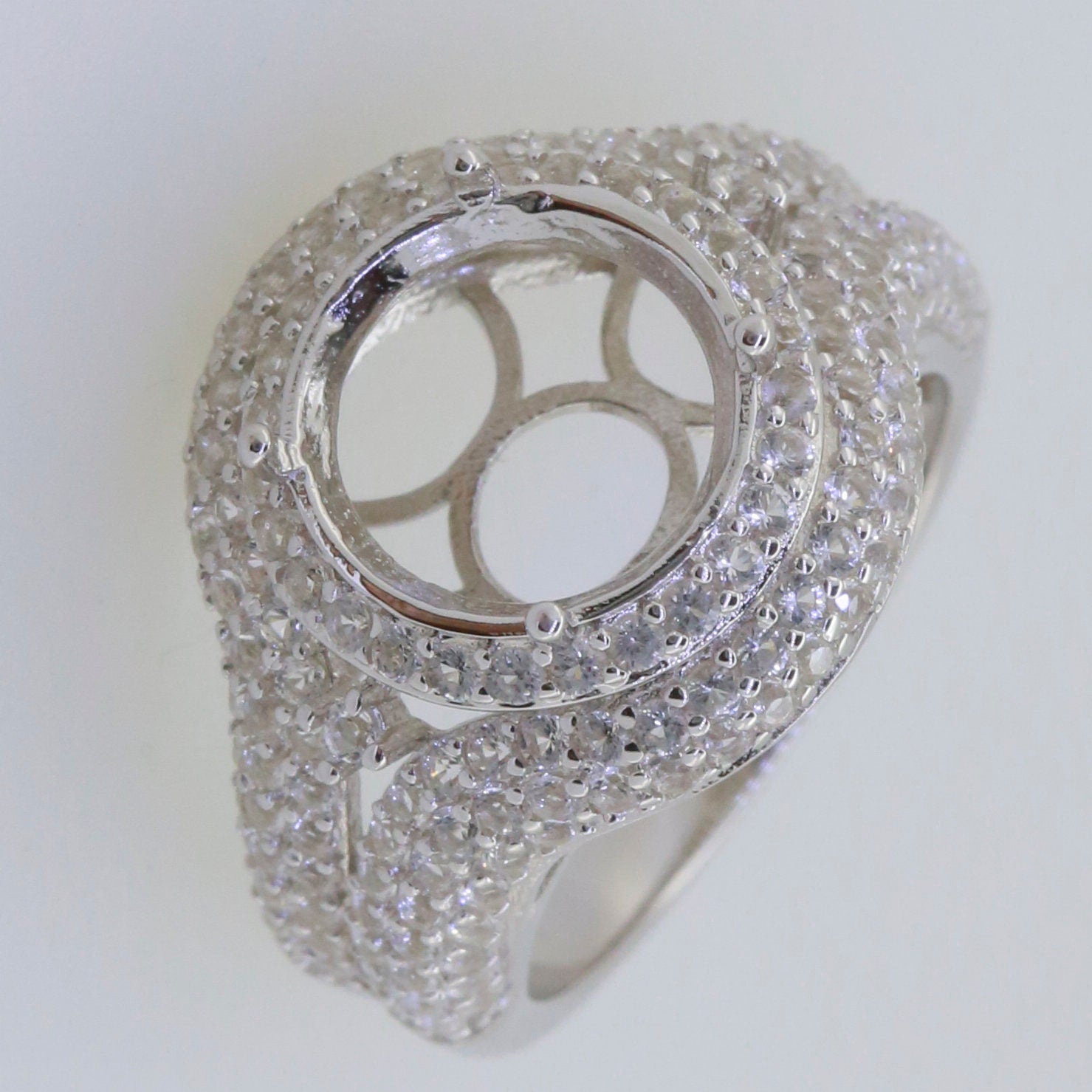 Sterling Silver Semi Mount Ring Setting with Double Halo for Round RD 11x11mm White Topaz stones, ready for customization.