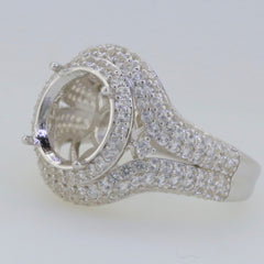 Sterling silver semi mount ring setting with double halo featuring white topaz, designed for round gemstones 11x11mm.