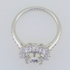 Sterling Silver Semi Mount Ring Setting with Moissanite accents and halo for an emerald cut stone.