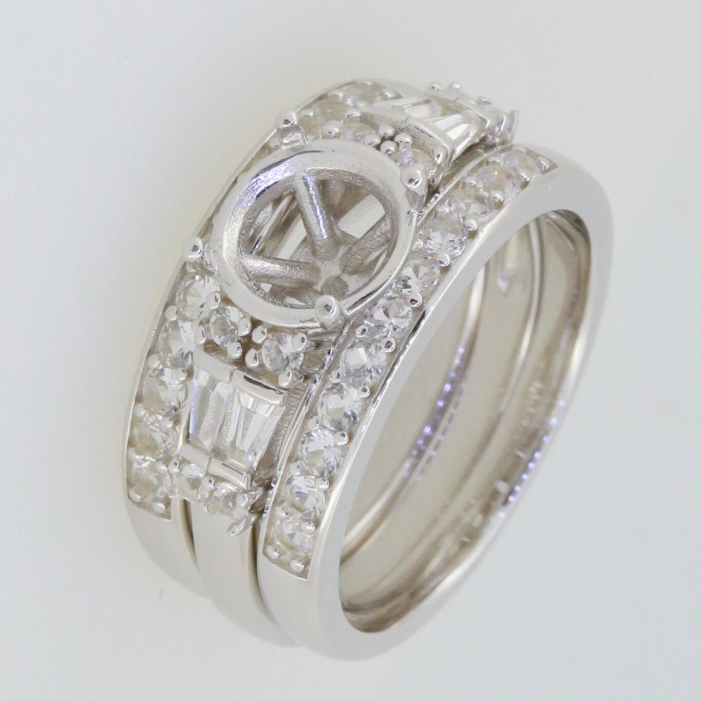 3 Pieces Sterling Silver Semi Mount Ring Setting with White Topaz, perfect for engagement or wedding. Custom sizes available.