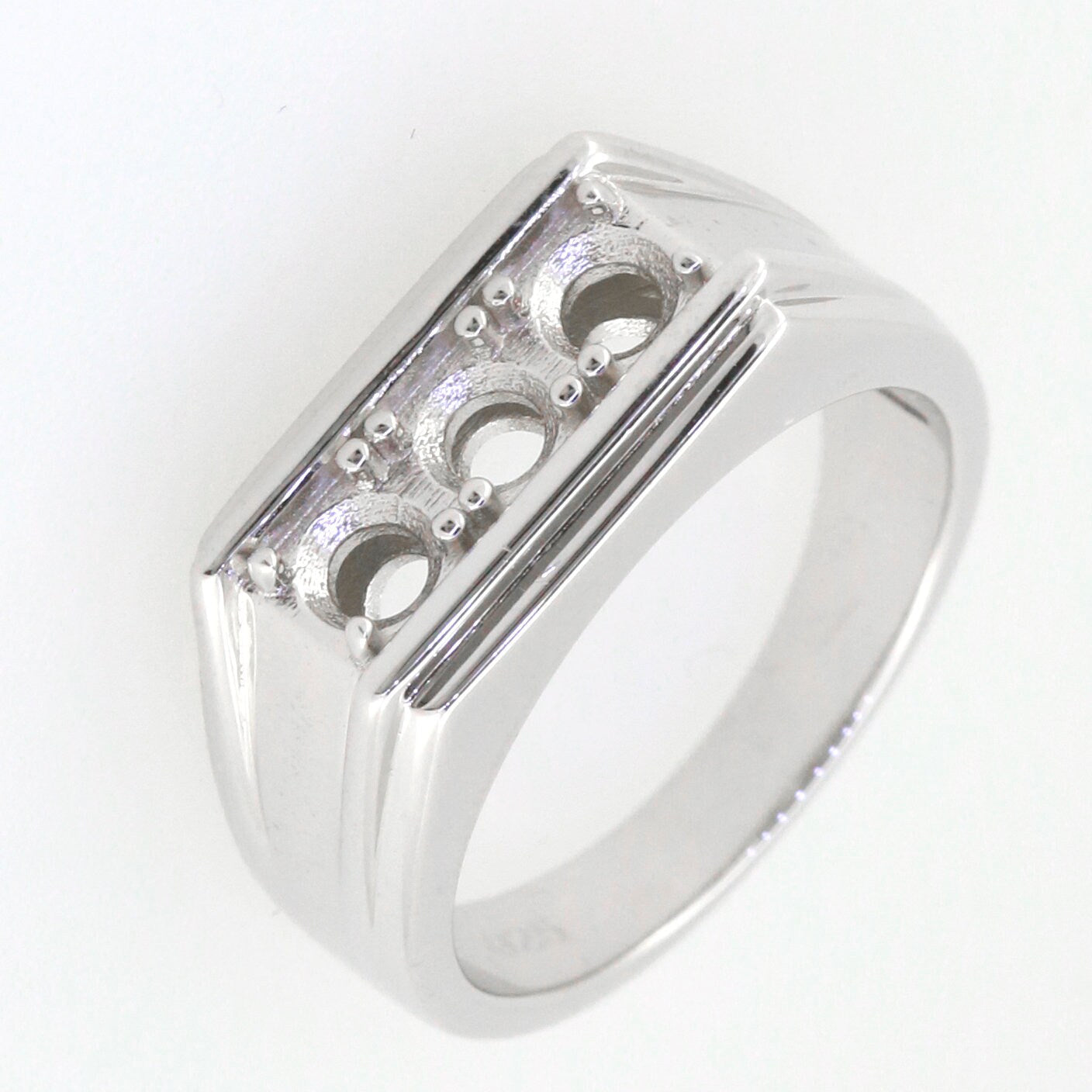 Men's sterling silver semi mount ring setting featuring a stylish three stone design, made to order for a perfect fit.