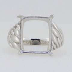 Sterling silver semi mount ring setting with cushion cut for 14x12mm cabochon gemstone display.