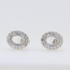 Sterling silver semi mount earrings setting with white topaz, oval 8x6mm, customizable design for personalized options.