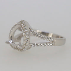 Sterling Silver semi mount ring setting with white topaz accent, featuring a heart halo and band, made to order.