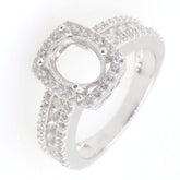 Sterling Silver Semi Mount Ring Setting with White Topaz accents, oval centerpiece 9x7mm, elegant halo design.
