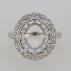 Sterling Silver Semi Mount Ring Setting with oval halo for 14x12mm gemstone and Moissanite accents.