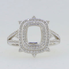 Sterling silver semi-mount ring setting with double halo and Moissanite accents, designed for a cushion cut gemstone.
