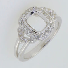 Sterling silver semi mount ring setting with cushion halo and white topaz accent gemstones.