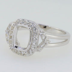 Sterling Silver semi mount ring setting with cushion halo and white topaz accents, perfect for custom gemstone placement.