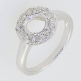 Sterling silver semi mount ring setting with halo of D color moissanite accents, designed for 7x7mm center stone.