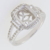 Sterling Silver semi-mount ring setting with cushion halo design, featuring intricate detailing and space for a 10x8mm gemstone.