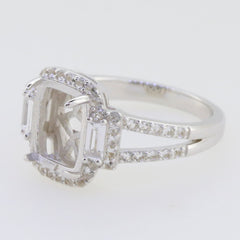 Sterling silver semi mount ring setting with cushion halo design for 10x8mm stone, accented with white topaz.