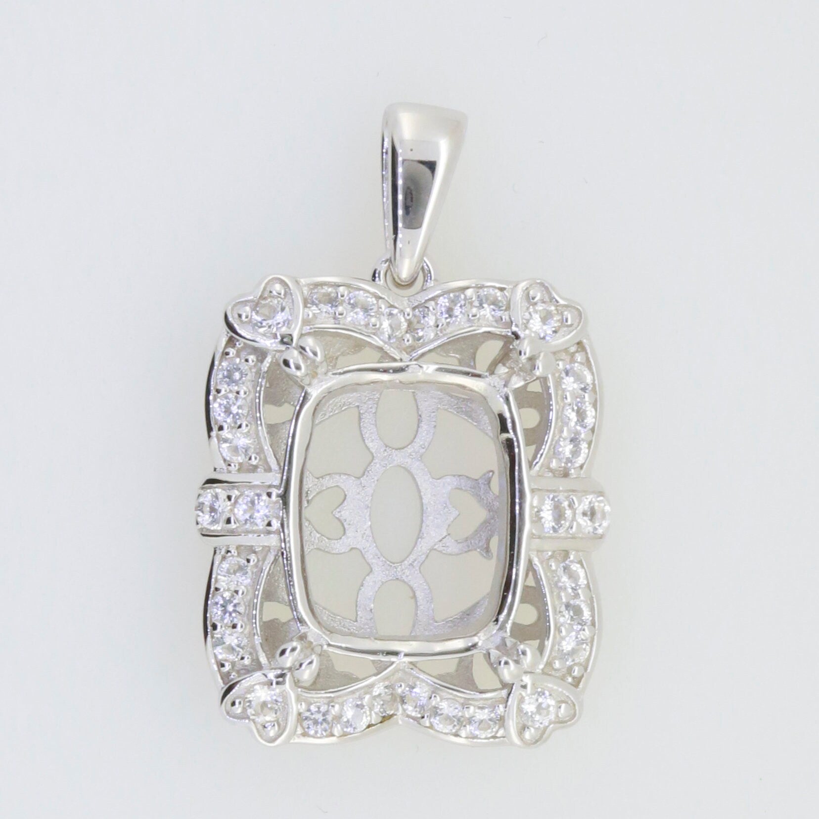 Sterling Silver semi mount pendant setting with White Topaz, cushion shape halo design for custom gemstone.
