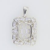 Sterling Silver semi mount pendant setting with White Topaz, cushion shape halo design for custom gemstone.
