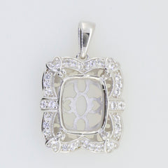 Sterling Silver semi mount pendant setting with White Topaz, cushion shape halo design for custom gemstone.