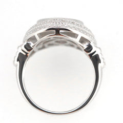 Sterling Silver semi mount ring setting with halo design, featuring milgrain details and oval cabochon gemstone space.