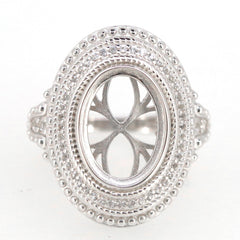 Sterling Silver Semi Mount Ring Setting with Halo Milgrain design for Oval 11x9mm gemstone, accented with White Topaz.