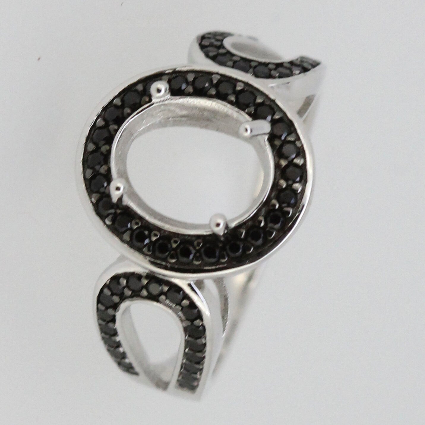 Sterling Silver semi mount ring setting with oval opening and black spinel accents, customizable made to order.