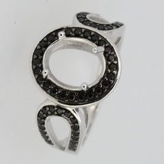 Sterling Silver semi mount ring setting with oval opening and black spinel accents, customizable made to order.