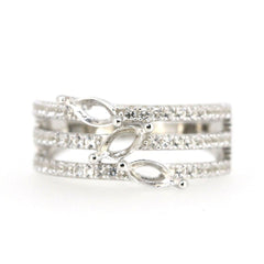 Sterling silver semi mount ring setting featuring marquise white topaz accents and a trio of decorative stones.