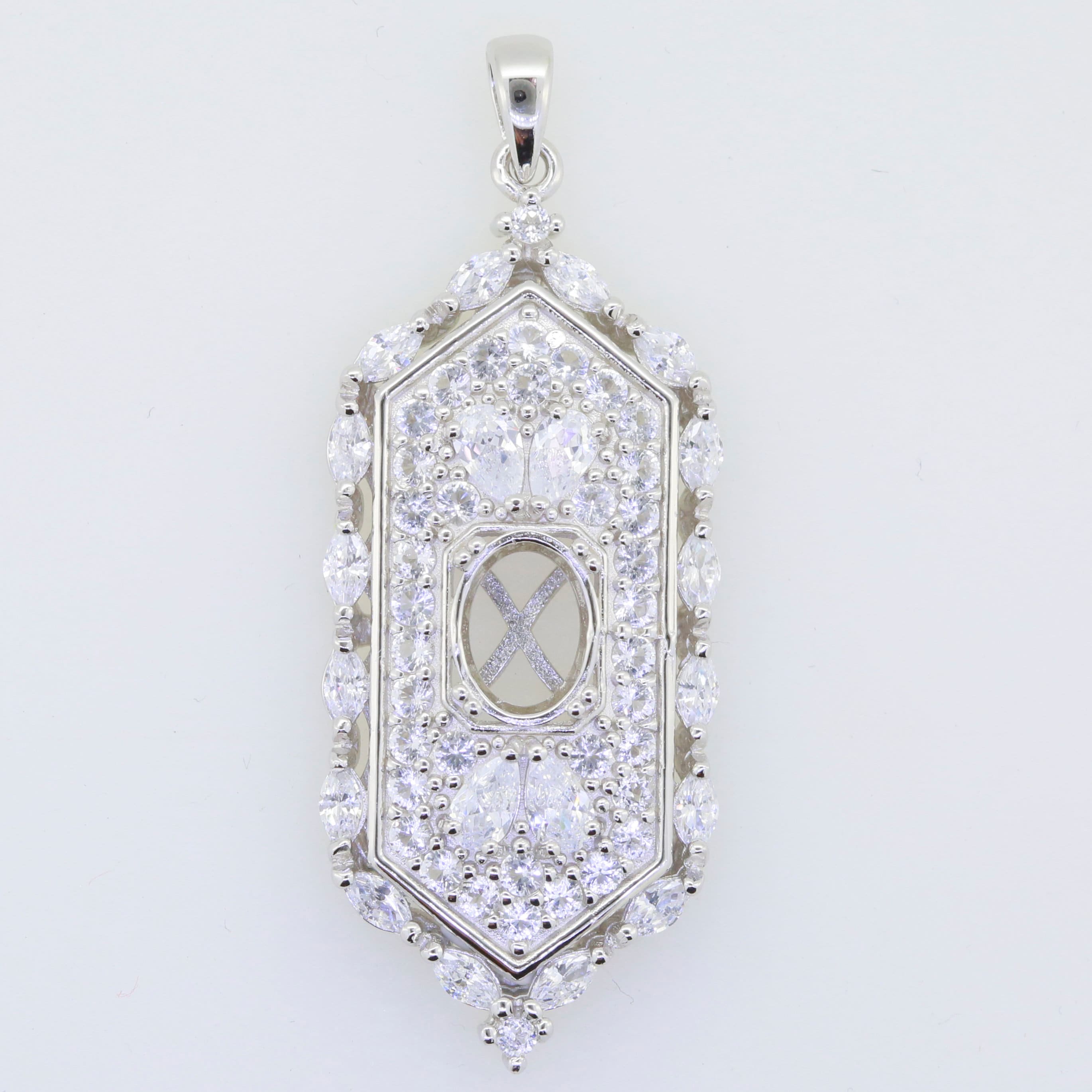 Sterling Silver Semi Mount Pendant Setting with White Topaz, Oval 9x7mm gemstone placeholder for custom designs.