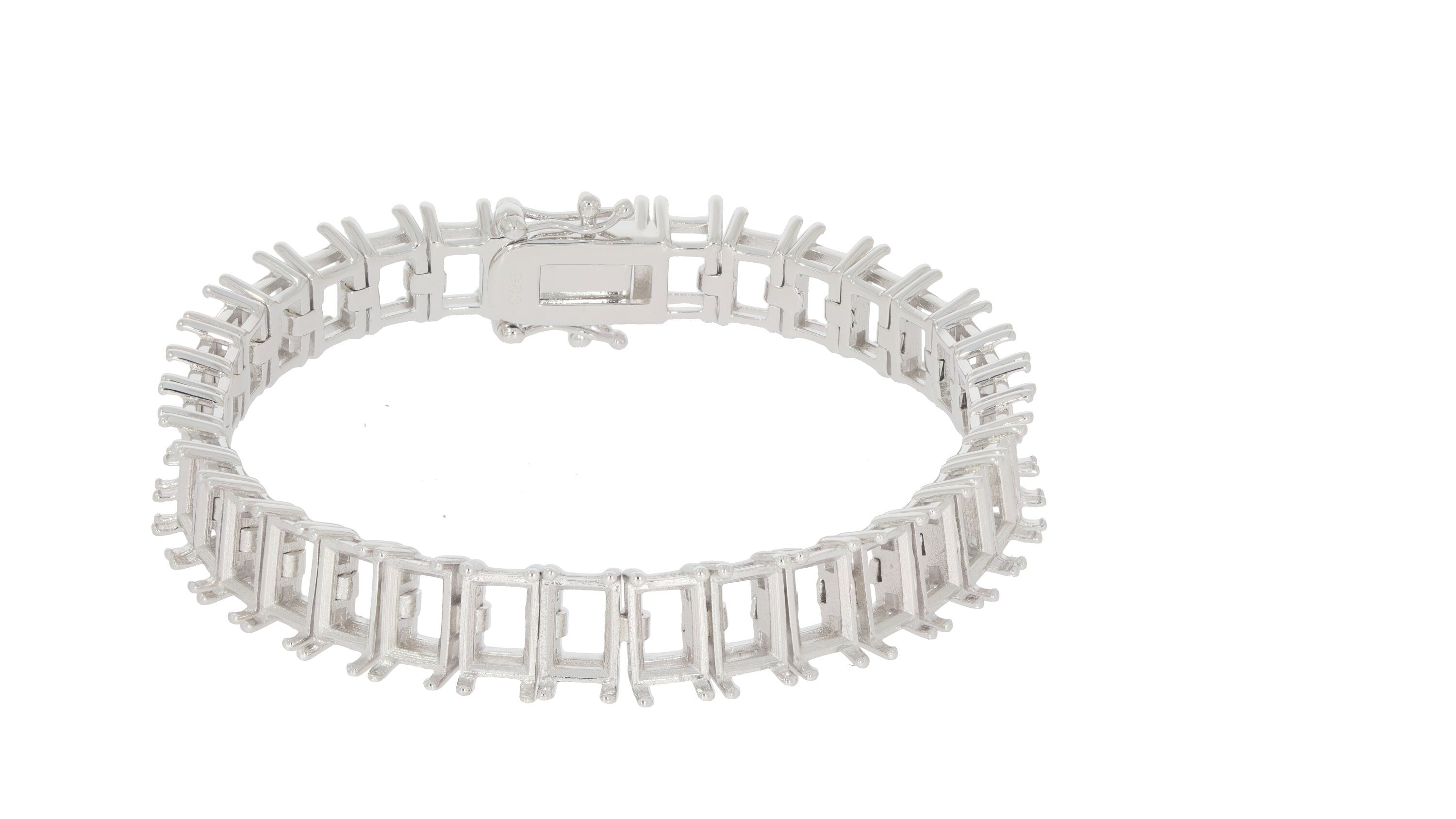 Sterling Silver Semi Mount Tennis Bracelet Setting with stainless steel tongue for durability, designed for custom sizes.