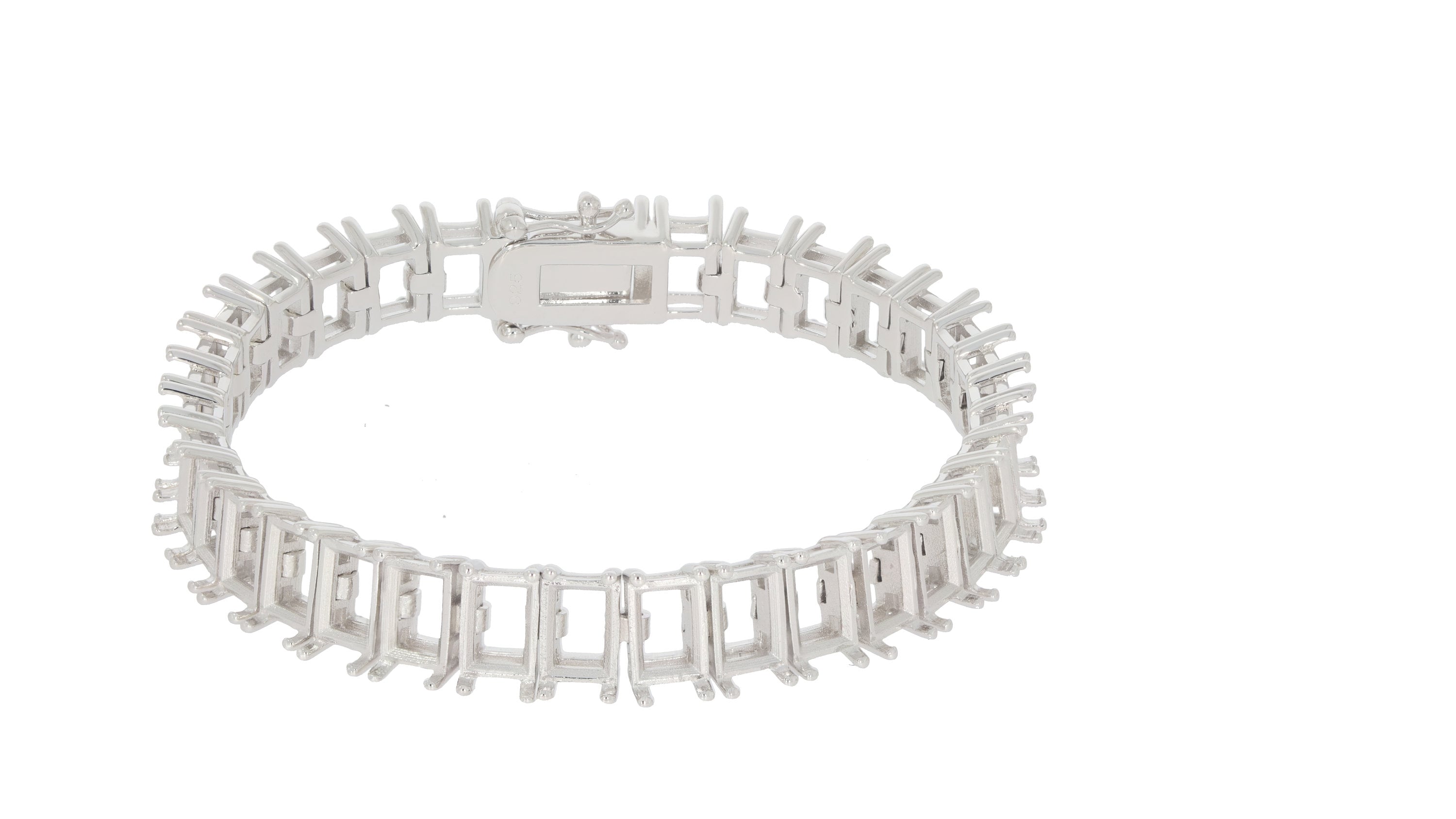 Custom Sterling Silver Semi Mount Tennis Bracelet Setting with stainless steel clasp, designed for emerald cut stones.