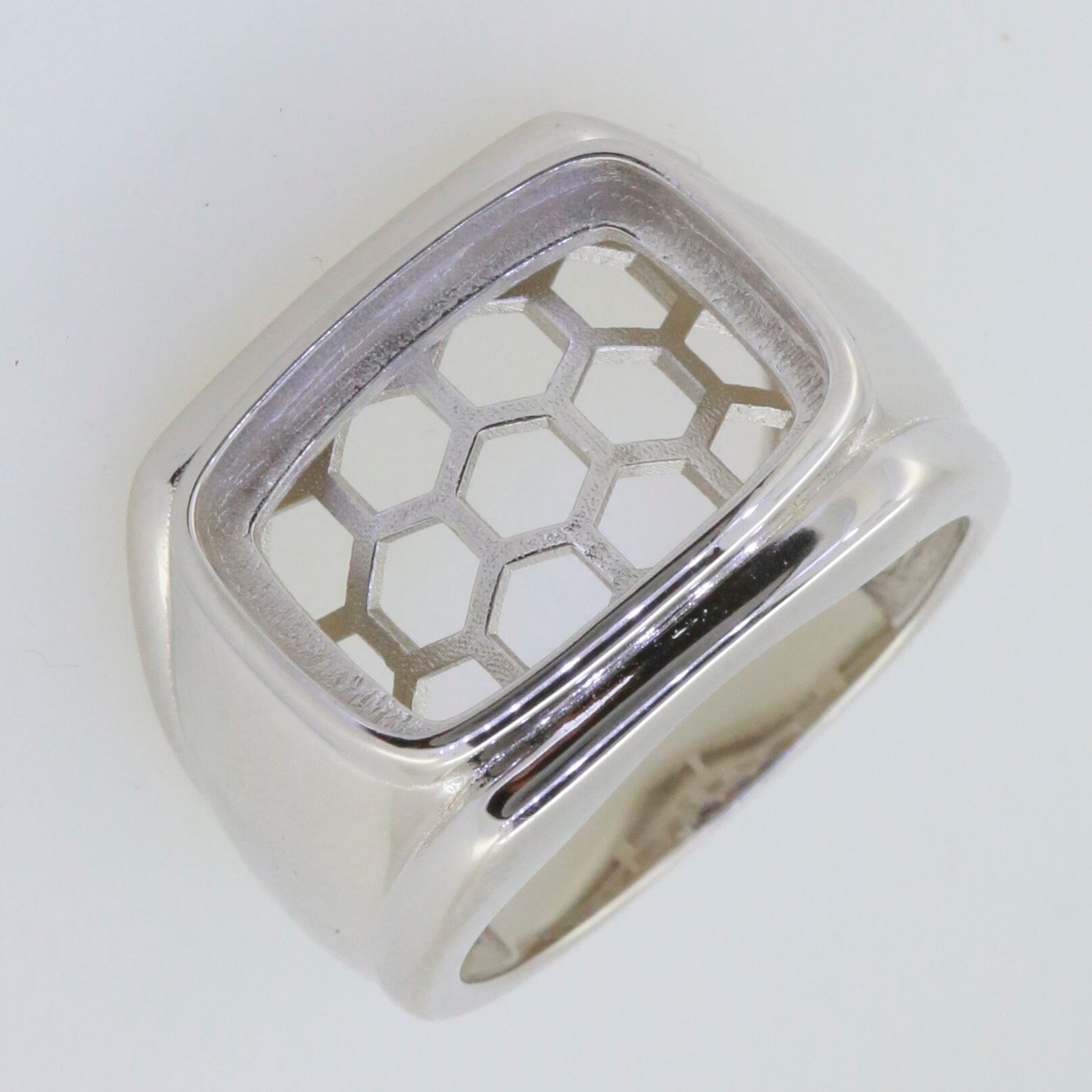 Men's sterling silver semi mount ring setting with hexagonal cutout design for cabochon stone, 15x11mm.