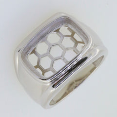 Men's sterling silver semi mount ring setting with hexagonal cutout design for cabochon stone, 15x11mm.