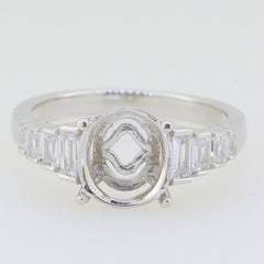 Sterling silver semi mount ring setting with oval 10x8mm space and baguette accents, customizable, made to order.