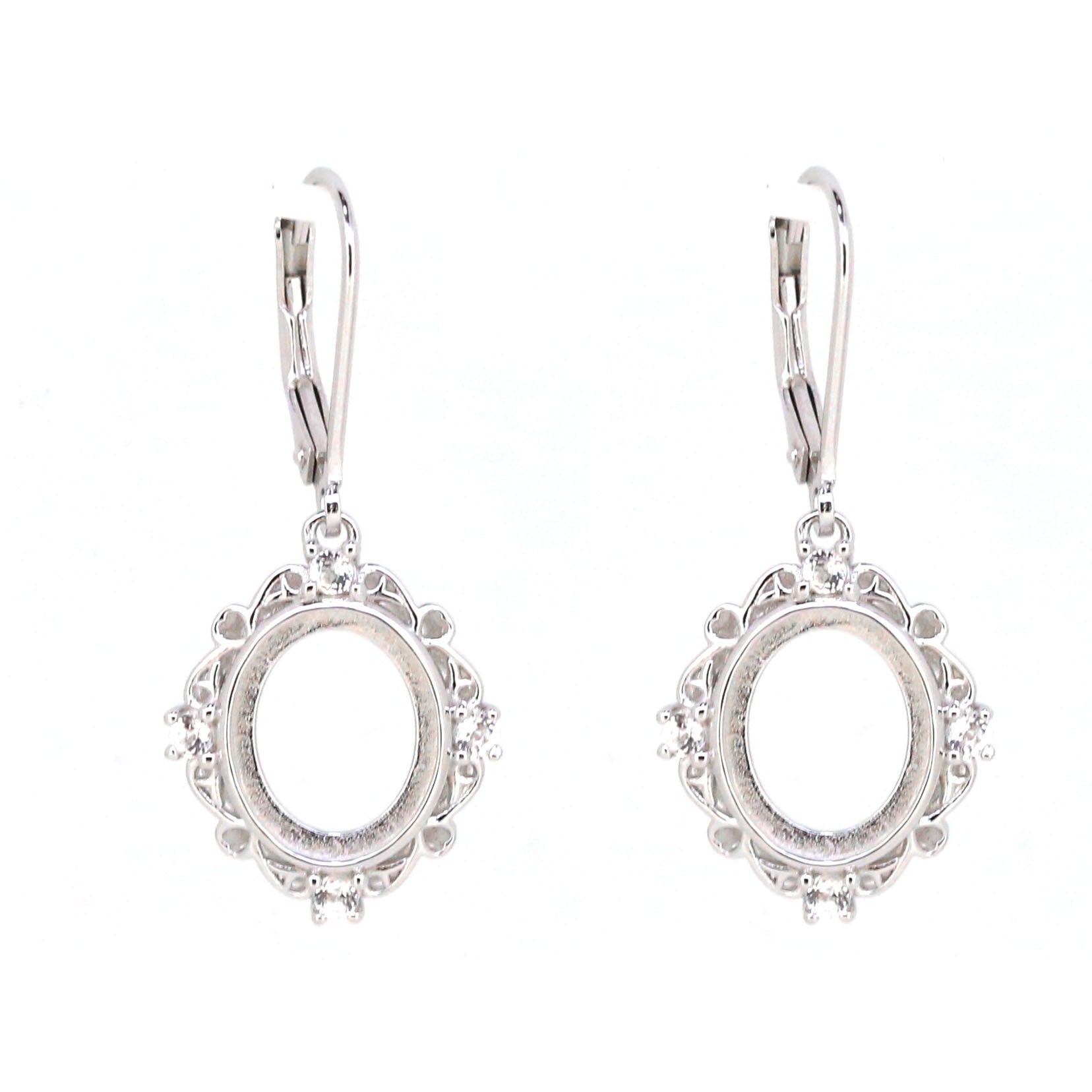 Custom sterling silver dangle earrings setting for 8x6mm cabochon, featuring white topaz accents, made to order.