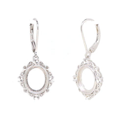 Sterling silver semi mount dangle earrings setting for oval cabochon, featuring leverback design and delicate detailing.