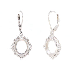 Custom sterling silver semi mount earrings setting with oval cabochon dangle leverback and white topaz accents.