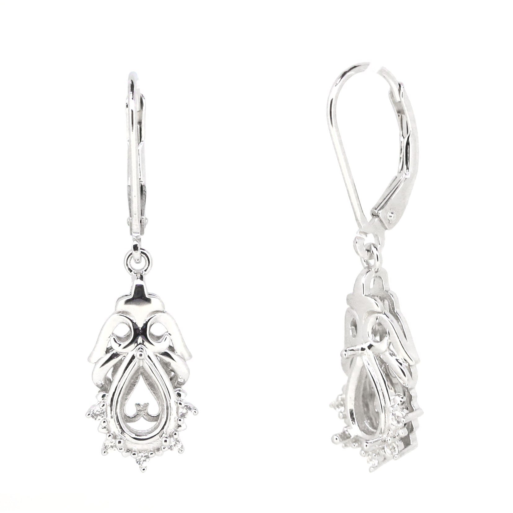 Sterling silver semi mount earrings setting with dangle leverback design for 8x5mm white topaz gemstones.