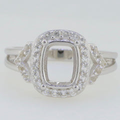 Sterling silver semi mount ring setting with halo design, featuring white topaz accents, handmade for customizable sizes.