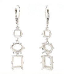 Sterling silver semi mount earrings setting with dangle leverback, featuring empty gemstone settings for customization.