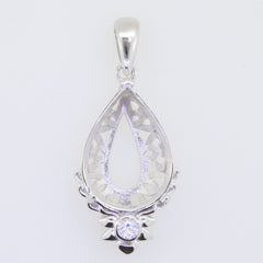 Sterling silver semi mount pendant setting with white topaz, designed for customizable gemstones in teardrop shape.