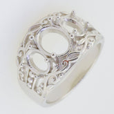 Sterling Silver Semi Mount Ring Setting with intricate design for three stones, ready for customization.