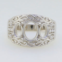 Sterling silver semi mount ring setting with intricate design for oval gemstones, ideal for custom jewelry.