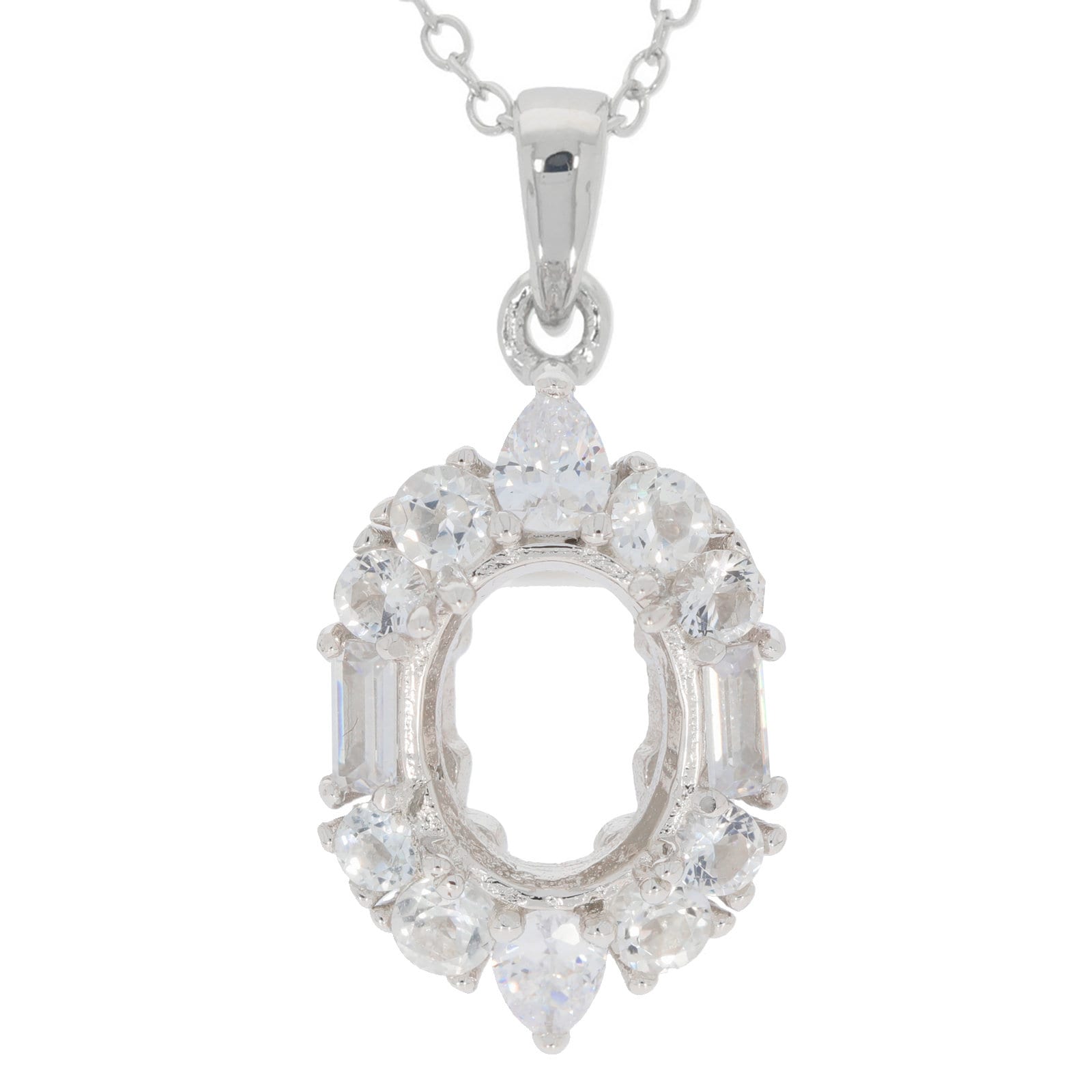 Sterling Silver Semi Mount Pendant Setting with White Topaz, Oval 9x7mm Baguette Halo for customizable gemstones.
