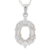 Sterling Silver Semi Mount Pendant Setting with White Topaz, Oval 9x7mm Baguette Halo for customizable gemstones.