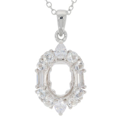 Sterling Silver Semi Mount Pendant Setting with White Topaz, Oval 9x7mm Baguette Halo for customizable gemstones.