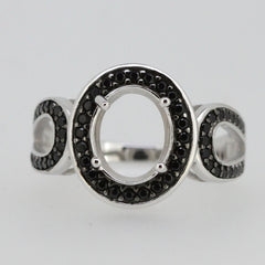 Sterling silver semi mount ring setting with black spinel accents, designed for custom-sized gemstones.