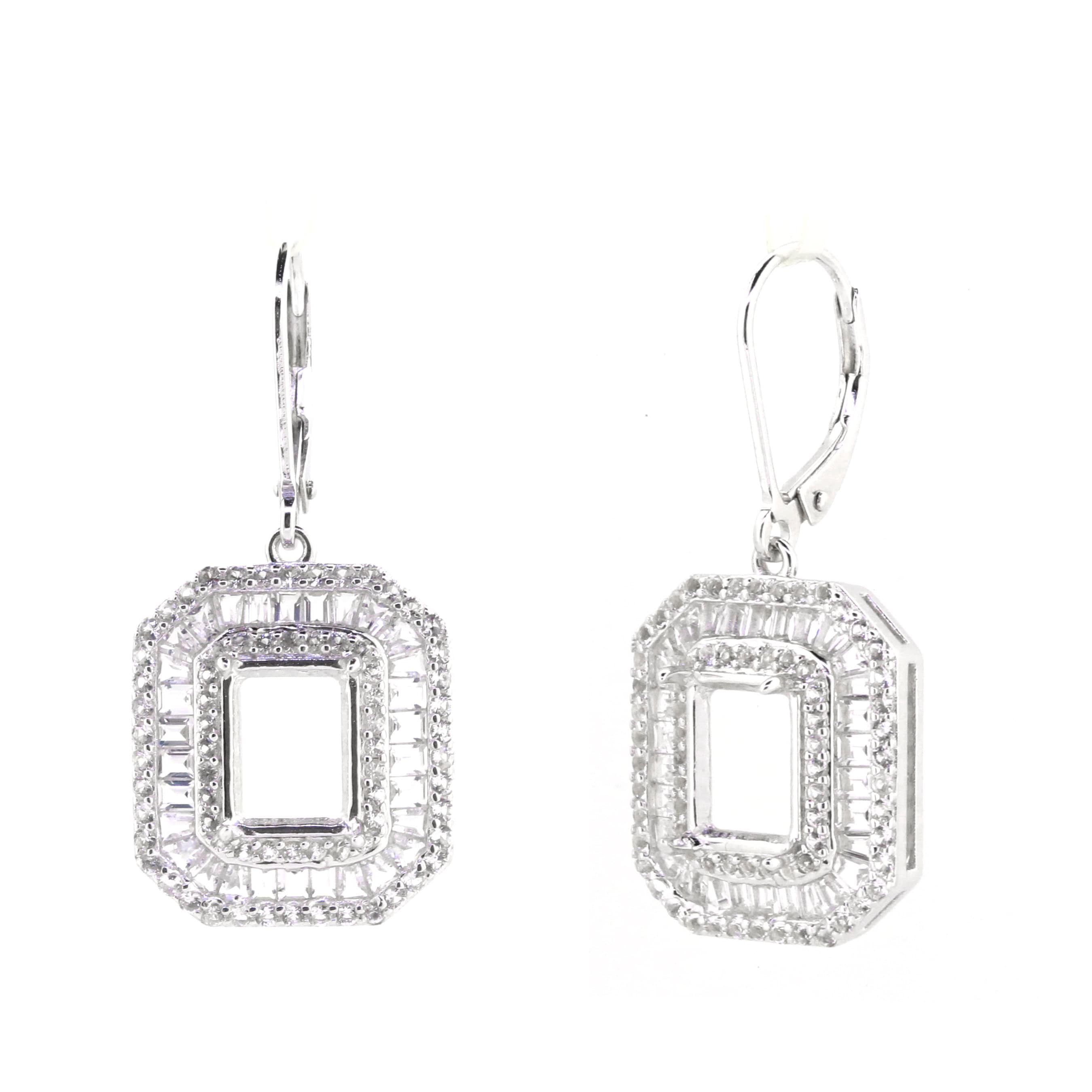 Sterling silver semi mount dangle earrings setting with baguette and halo design, ready for emerald 9x7mm stones.