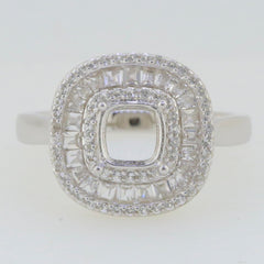 Sterling Silver Semi Mount Ring Setting with Cushion 6x6mm Baguette Triple Halo and White Topaz gemstones.