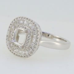 Sterling Silver Semi Mount Ring Setting with Baguette Triple Halo and White Topaz, 6x6mm cushion style.